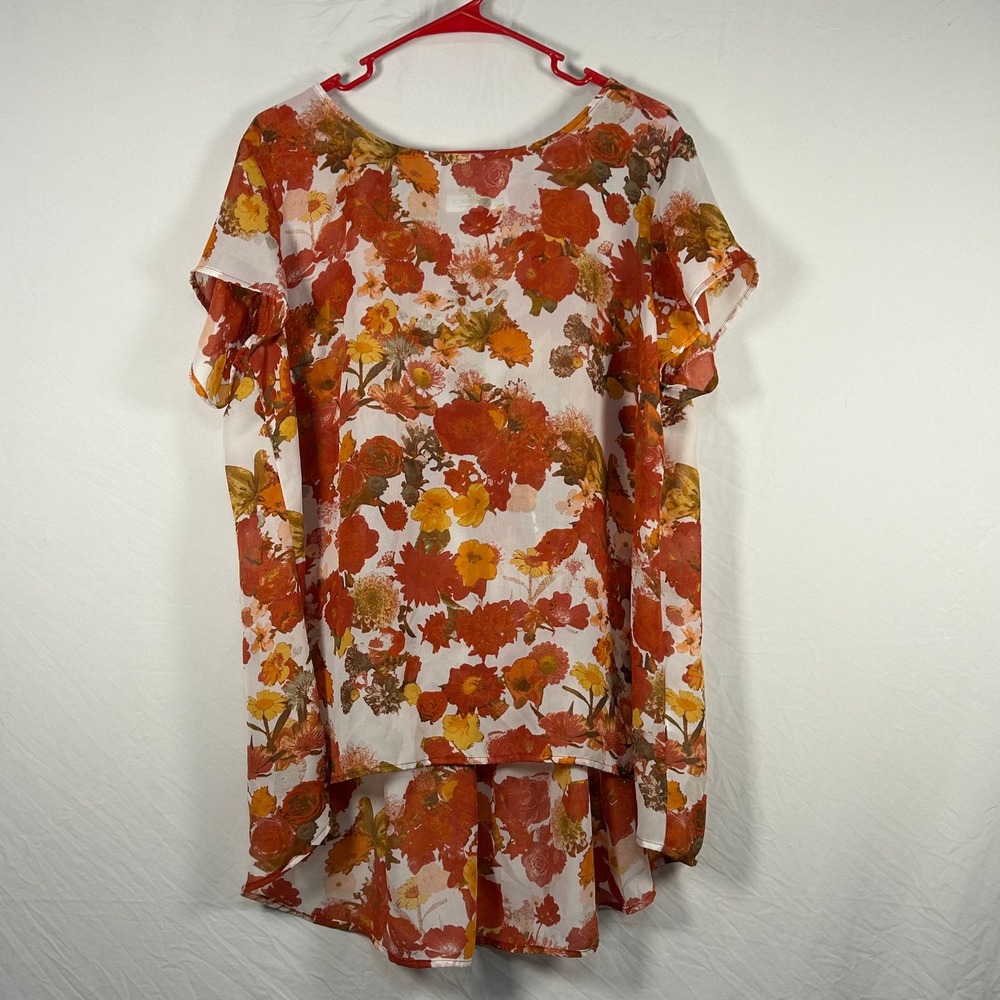 Cato Tunic Blouse Women 18/20W Orange Floral Flutter Sleeve High-Low Hem